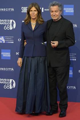May 10, 2023, Rome, Italy: Camilla Nesbitt (L) and Pietro Valsecchi (R) attend the red carpet of Premi Davide di Donatello 2023 at CinecittÃ Lumina Studios. Rome Italy - ZUMAs197 20230510_zaa_s197_291 Copyright: xMarioxCartellix