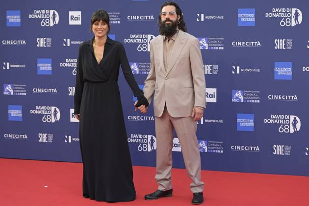 May 10, 2023, Rome, Italy: Claudia Pandolfi (L) and Marco De Angelis (R) attend the red carpet of Premi Davide di Donatello 2023 at CinecittÃ Lumina Studios. Rome Italy - ZUMAs197 20230510_zaa_s197_438 Copyright: xMarioxCartellix