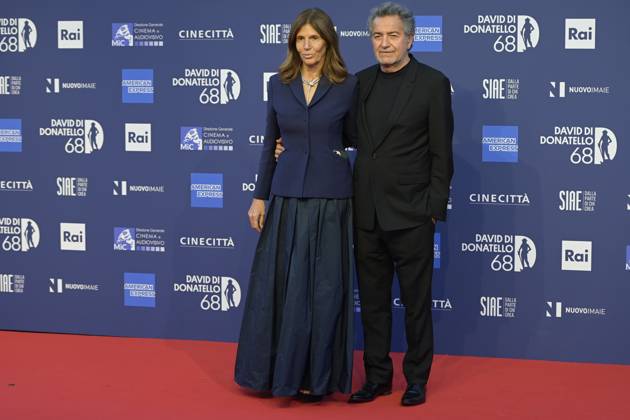 May 10, 2023, Rome, Italy: Camilla Nesbitt (L) and Pietro Valsecchi (R) attend the red carpet of Premi Davide di Donatello 2023 at CinecittÃ Lumina Studios. Rome Italy - ZUMAs197 20230510_zaa_s197_466 Copyright: xMarioxCartellix