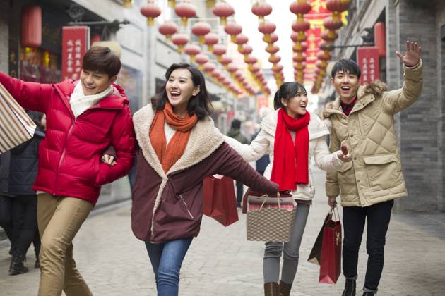 Happy young Chinese friends shopping for Chinese New Year Beijing China Copyright: xLianxFeix bji05210157