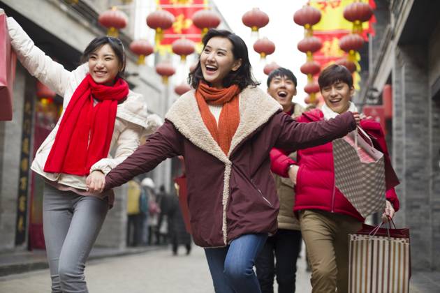 Happy young Chinese friends shopping for Chinese New Year Beijing China Copyright: xLianxFeix bji05210162