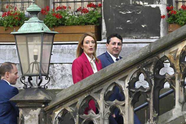 Roberta Metsola bei der Verleihung des Karlspreises 2023 an Wolodymyr Selenskyj und das ukrainische Volk im Aachener Rathaus. Aachen, 14.05.2023