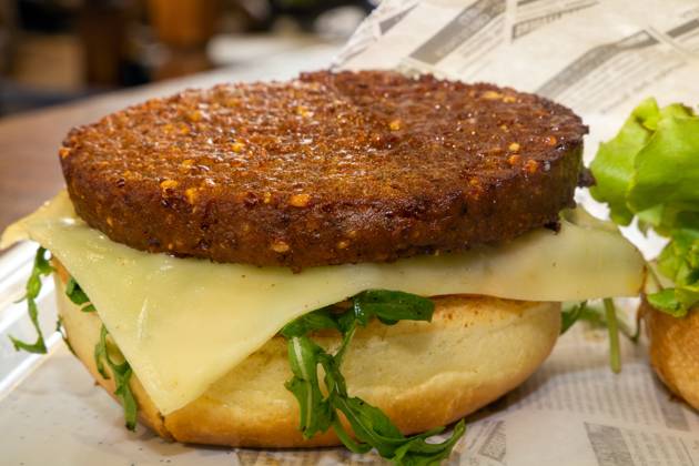 Nahaufnahme von einem Insektenburger. Für 12,90 Euro können Besucherinnen und Besucher der BUGA (Bundesgartenschau) in Mannheim einen solchen Burger bestellen