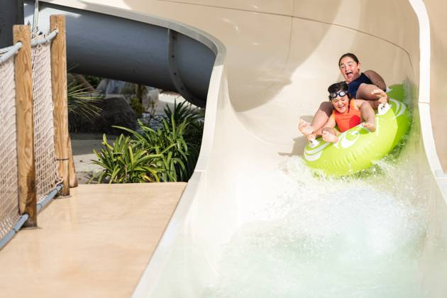 MR_ID14021_13418_ArhaneUnzueta.jpg, MR_ID14021_13419_KatixaIntxausti.jpg Screaming children in bathing suits riding a yellow inflatable ring on a scary water slide while looking down and enjoying the summer, Model released HodeiUnzueta_ID14021_423032_016 Copyright: xHodeixUnzuetax RECORD DATE NOT STATED MR