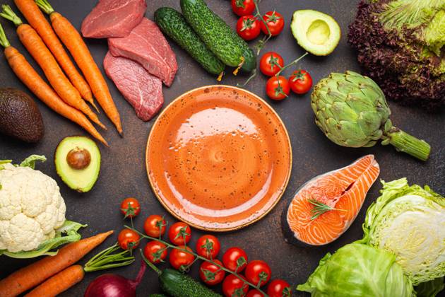 Assorted food raw products: vegetables, beef meat, fish salmon and empty plate in centre, dark rustic brown stone table top view copy space. Healthy food concept, ingredients for balanced diet Assorted food raw products: vegetables, beef meat, fish salmon and empty plate in centre, dark rustic brown stone table top view copy space. Healthy food background, ingredients for balanced diet Copyright: xZoonar.com OlenaxYeromenkox 20054138