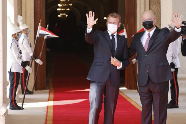 French President Emmanuel Macron in Baghdad - Iraq Iraqi President Barham Saleh (R) welcomes his French countepart Emmanuel Macron at the presidential palace in Baghdad on August 28, 2021. - Macron is among leaders set to attend a regional summit today in Iraq, with the Taliban s takeover of Afghanistan and a deadly jihadist attack in Kabul overshadowing the meeting. Photo by Ludovic Marin pool ABACAPRESS;COM Baghdad Iraq Copyright: xMarinxLudovic Pool ABACAx 778085_012 MarinxLudovic Pool ABACAx 778085_012