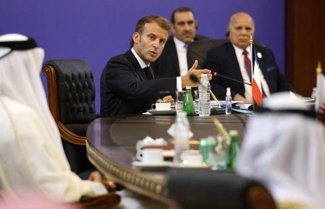 French President Emmanuel Macron in Baghdad - Iraq French President Emmanuel Macron (C) speaks during the Baghdad conference in the Iraqi capital on August 28, 2021. (Photo by Ludovic MARIN POOL ABACAPRESS.COM Baghdad Iraq Copyright: xMarinxLudovic Pool ABACAx 778120_033 MarinxLudovic Pool ABACAx 778120_033