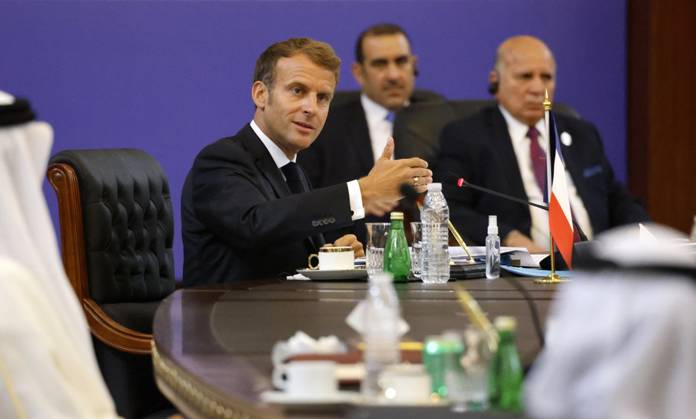 French President Emmanuel Macron in Baghdad - Iraq French President Emmanuel Macron (C) speaks during the Baghdad conference in the Iraqi capital on August 28, 2021. (Photo by Ludovic MARIN POOL ABACAPRESS.COM Baghdad Iraq Copyright: xMarinxLudovic Pool ABACAx 778120_034 MarinxLudovic Pool ABACAx 778120_034