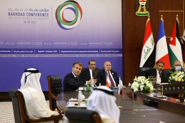 French President Emmanuel Macron in Baghdad - Iraq French President Emmanuel Macron (C) speaks during the Baghdad conference in the Iraqi capital on August 28, 2021. (Photo by Ludovic MARIN POOL ABACAPRESS.COM Baghdad Iraq Copyright: xMarinxLudovic Pool ABACAx 778120_035 MarinxLudovic Pool ABACAx 778120_035