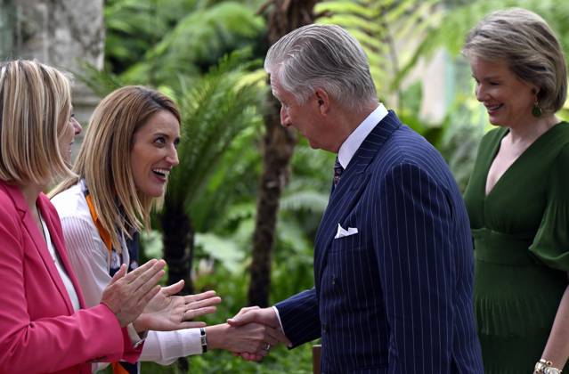 European Parliament chairwoman Roberta Metsola and King Philippe - Filip of Belgium pictured during a royal reception of a delegation from the European Parliament in the Castle of Laeken Laken, Brussels on Wednesday 28 June 2023. The meeting is organized on the occasion of the 70th anniversary of the European Parliament and ahead of the Belgian Presidency of the Council of the European Union in the first half of 2024. ERICxLALMAND 69606893