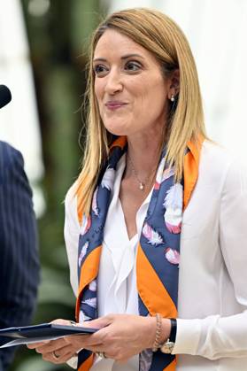 European Parliament chairwoman Roberta Metsola pictured during a royal reception of a delegation from the European Parliament in the Castle of Laeken Laken, Brussels on Wednesday 28 June 2023. The meeting is organized on the occasion of the 70th anniversary of the European Parliament and ahead of the Belgian Presidency of the Council of the European Union in the first half of 2024. ERICxLALMAND 69607220