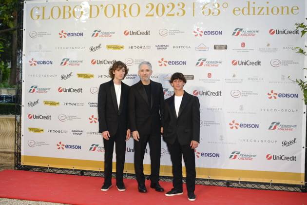 Beppe Fiorello, Samuele Segreto und Samuele Pizzurro bei der 63. Verleihung der Globi d oro 2023 in der Villa Massimo . Rom, 05.07.2023