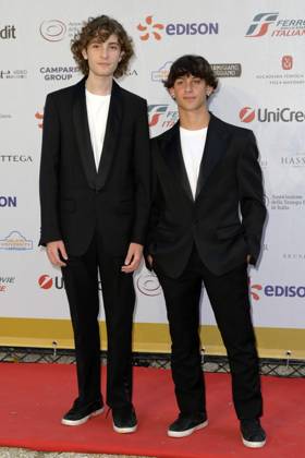 Samuele Segreto and Gabriele Pizzurro attend at red carpet of Globi D Oro 2023 at Villa Massimo in Rome.
