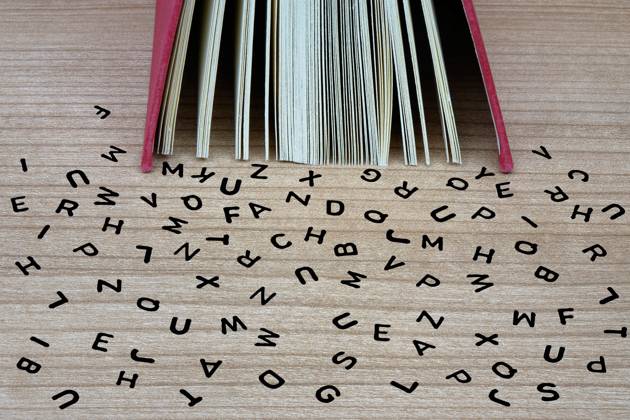 Buch und Buchstaben Buch und Buchstaben, 21.06.2023, Borkwalde, Brandenburg, Vor einem Buch liegen verschiedene heraugefallene Buchstaben.