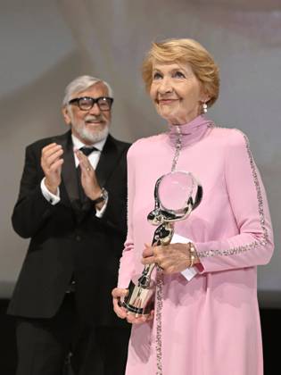 The last day of the 57th Karlovy Vary International Film Festival, 8 July 2023. Actress Daniela Kolarova (left) receives the President s Award of the Karlovy Vary International Film Festival from Jiri Bartoska. (CTKxPhoto KaterinaxSulova) CTKPhotoP2023070804814  CTKPhotoP2023070804814