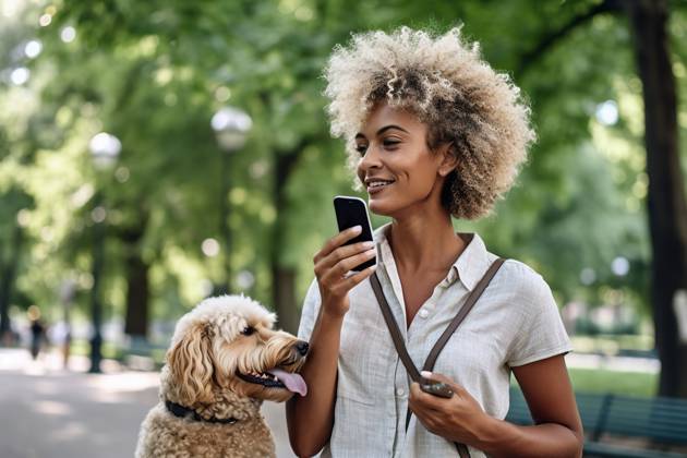 A woman using her smartphone to communicate with her cheerful pet canine in the city, conveying a sense of happiness through their connection. AI-GENERATED IMAGE AI GENERATED IMAGE A good day 023 RECORD DATE NOT STATED
