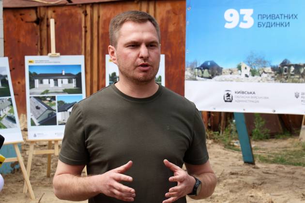 KYIV REGION, UKRAINE - JULY 13, 2023 - Head of the Kyiv Regional Military Administration Ruslan Kravchenko is seen during a press briefing as part of the presentation of a project to rebuild 93 private houses destroyed by Russian military aggression in Kyiv Region, Dmytrivka village, Buchs district, Kyiv Region, north-central Ukraine Private houses destroyed by Russians rebuilt in Kyiv Region  Copyright: xPavloxBahmutx