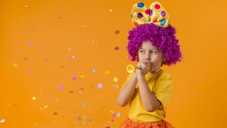 IMAGO Creative, Gesellschaft, Fasching Mädchen mit Konfetti Clown Kostüm