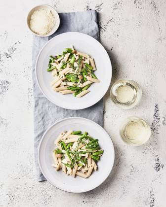 IMAGO Creative: Food, Spargel Two Bowls of Asparagus Mushroom Pasta Two Bowls of Asparagus Mushroom Pasta Copyright: xEmilyxMillerx EM190523-2