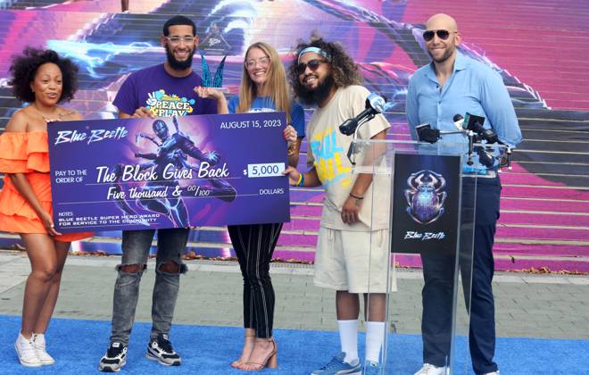 PHILADELPHIA, PA: AUGUST 15: Warner Bros. Pictures, DC Comics and Philadelphia Film Society Present the Blue Beetle Hero Award for service to the Philadelphia community to The Block Gives Back at Philadelphia Museum of Art in Philadelphia, Pennsylvania on August 15, 2023. Copyright: xStarxShooterx