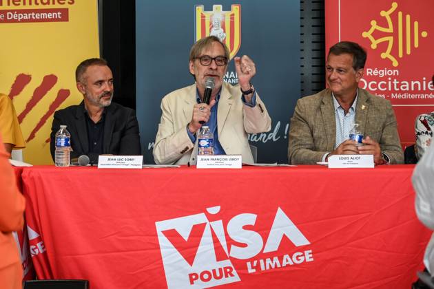 VISA POUR L IMAGE PHOTOPQR L INDEPENDANT MICHEL CLEMENTZ ; PERPIGNAN ; 29 08 2023 ; ART CULTURE ET SPECTACLE CONFERENCE DE PRESSE DE PRESENTATION DU FESTIVAL INTERNATIONAL DE PHOTOJOURNALISME VISA POUR L IMAGE JEAN-LUC SORET JEAN-FRANCOIS LEROY LE MAIRE RN DE PERPIGNAN LOUIS ALIOT - Perpignan, France, august 29th 2023. Press conference of the photojournalism festival Visa pour l image PERPIGNAN PYRENEES-ORIENTALES France  Copyright: xPHOTOPQR L INDEPENDANT MAXPPPxMICHELxCLEMENTZx 20230829IND3566 20230829IND3566