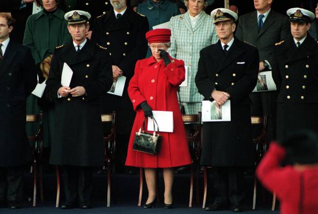 (Front Row, Left to Right):- HRH PRINCE OF WALES (Prince Charles): HM QUEEN ELIZABETH II: HRH DUKE OF EDINBURGH (Prince Philip): HRH DUKE OF YORK (Prince Andrew) Pictured with other members of the Royal Family, at the de-commissioning of the Royal Ya (Front Row, Left to Right):- HRH PRINCE OF WALES (Prince Charles): HM QUEEN ELIZABETH II: HRH DUKE OF EDINBURGH (Prince Philip): HRH DUKE OF YORK (Prince Andrew) Pictured with other members of the Royal Family, at the de-commissioning of the Royal Yacht Britannia in Portsmouth. COMPULSORY CREDIT: UPPA Photoshot Photo UC 014164 D 11.12.1997 Several members of the Royal family, including HM The Queen, wept for the first time in public yesterday, when they said farewell to the Roy  Copyright: xPhotoshotx xAvalonx 0502655636