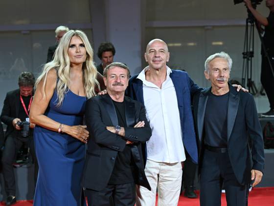 Venice, 80th Venice Film Festival 2023 - Evening 5 - red carpet Filming Italy. In the photo Giacomo Poretti, Aldo Baglio, Giovanni Storti with Tiziana Rocca  Copyright: xManuelexMangiarottix xipa-agencyx xPoolxPhotoxEventsx02x IPA_IPA40045313