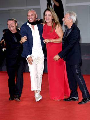 Venice, 80th Venice Film Festival 2023 - Evening 5 - red carpet Filming Italy. In the photo Carla Signoris and Aldo Giovanni and Giacomo  Copyright: xManuelexMangiarottix xipa-agencyx xPoolxPhotoxEventsx02x IPA_IPA40047484