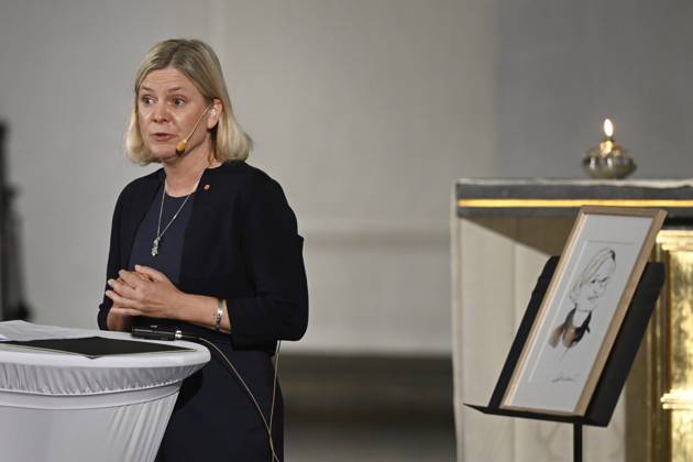 STOCKOHLM 20230911 Magdalena Andersson, leader of the Social Democrats, speaks at a memorial ceremony in Katarina Church 20 years after Anna Lindhs death At the ceremony, the Anna Lindh Prize will be awarded to Belarusian opposition leader and former presidential candidate Svetlana Tichanovskaya Stockholm Sweden x10080x  Copyright: xFredrikxSandberg TTx ANNA LIND-PRISET 2023 TTABB0000000000212989