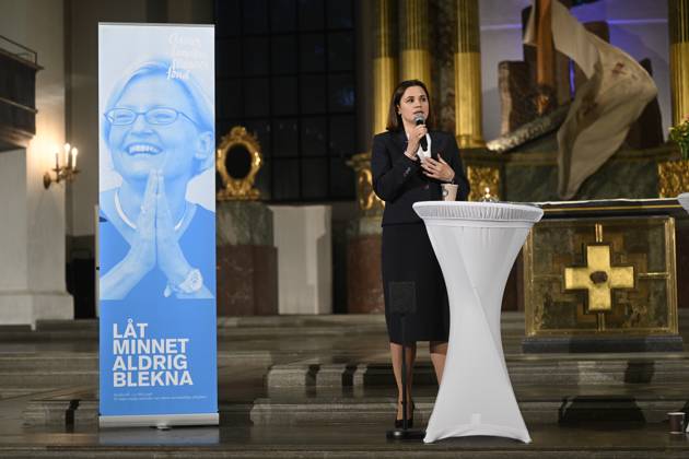 Exiled Belarusian opposition leader Svetlana Tikhanovskaya gives a speech after accepting the 2023 Anna Lindh Prize during a memorial ceremony held at Katarina church in Stockholm, Sweden September 11 2023, 20 years after Swedish politician and Minister for Foreign Affairs Anna Lindh was murdered Stockholm Sweden x10080x  Copyright: xFredrikxSandberg TTx ANNA LINDH PRIZE 2023 TTNEWS021725