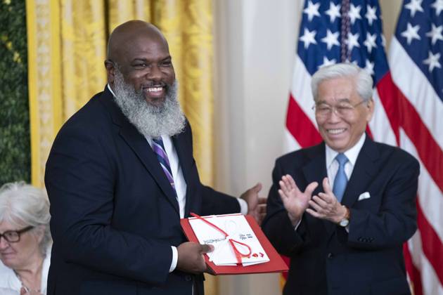 Harlem School of the Arts President James C. Horton receives a diploma as a recipient if the Praemium Imperiale Grant for Young Artists, a program to support young artists work and activities, during an event in the East Room of the White House in Washington, DC on Tuesday, September 12, 2023.  WAP20230912368 BONNIExCASH
