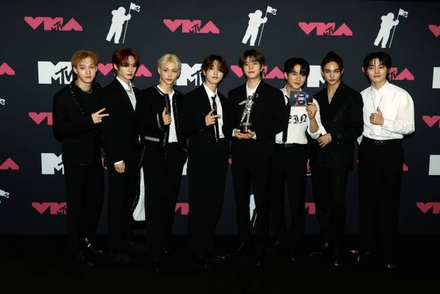 Stray Kids arrive in the press room at the 2023 MTV Video Music Awards VMA s at the Prudential Center in Newark, NJ on Tuesday, September 12, 2023.  NYP20230912802 JASONxSZENES