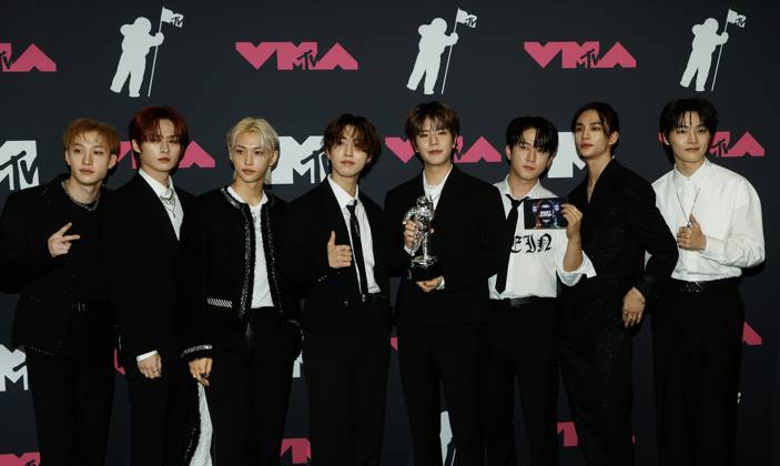 Stray Kids arrive in the press room at the 2023 MTV Video Music Awards VMA s at the Prudential Center in Newark, NJ on Tuesday, September 12, 2023.  NYP20230912807 JASONxSZENES