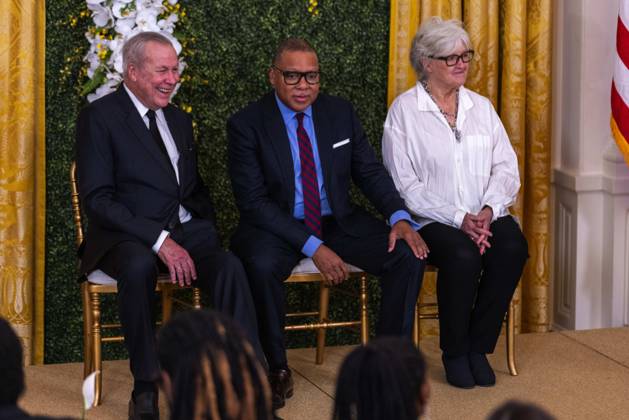 Praemium Imperiale Laureates Robert Wilson, Wynton Marsalis, and Vija Celmins listen to remarks in the East Room of the White House during the 2023 Praemium Imperiale Laureate ceremony in Washington, DC on Tuesday, September 12, 2023. The Praemium Imperiale is a global arts prize awarded annually by the Japan Art Association for lifetime achievement in the arts. Copyright: xCNPx xMediaPunchx