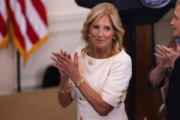 United States First Lady Jill Biden applauds in the East Room of the White House during of the 2023 Praemium Imperiale Laureate ceremony in Washington, DC on Tuesday, September 12, 2023. The Praemium Imperiale is a global arts prize awarded annually by the Japan Art Association for lifetime achievement in the arts. Copyright: xCNPx xMediaPunchx