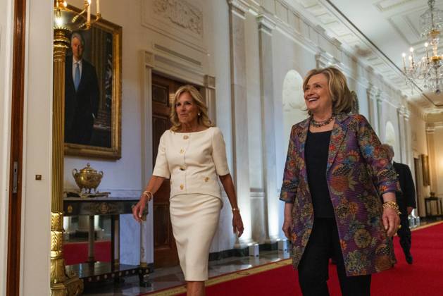 United States First Lady Jill Biden and Former US Secretary of State Hillary Clinton enters the East Room of the White House ahead of the 2023 Praemium Imperiale Laureate ceremony in Washington, DC on Tuesday, September 12, 2023. The Praemium Imperiale is a global arts prize awarded annually by the Japan Art Association for lifetime achievement in the arts. Copyright: xCNPx xMediaPunchx