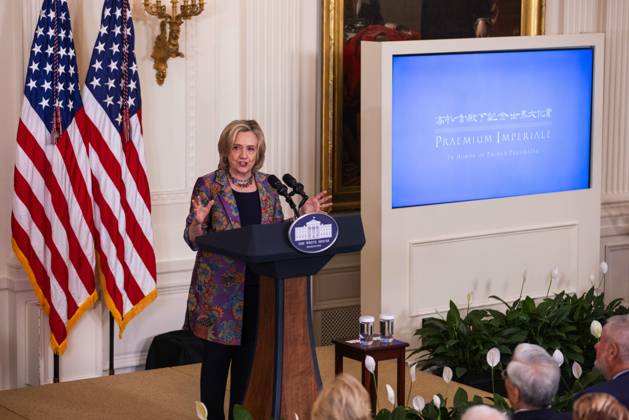 Former US Secretary of State Hillary Clinton gives remarks in the East Room of the White House during the 2023 Praemium Imperiale Laureate ceremony in Washington, DC on Tuesday, September 12, 2023. The Praemium Imperiale is a global arts prize awarded annually by the Japan Art Association for lifetime achievement in the arts. Copyright: xCNPx xMediaPunchx