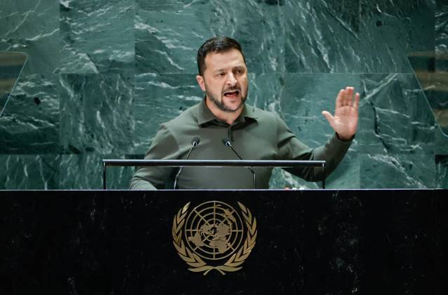 Bilder des Jahres 2023, News 09 September News Themen der Woche KW38 News Bilder des Tages President of Ukraine Volodymyr Zelenskyy speaks at the UN General Assembly 78th session General Debate in UN General Assembly Hall at the United Nations Headquarters on Tuesday, September 19, 2023 in New York City.  NYP20230919542 JASONxSZENES