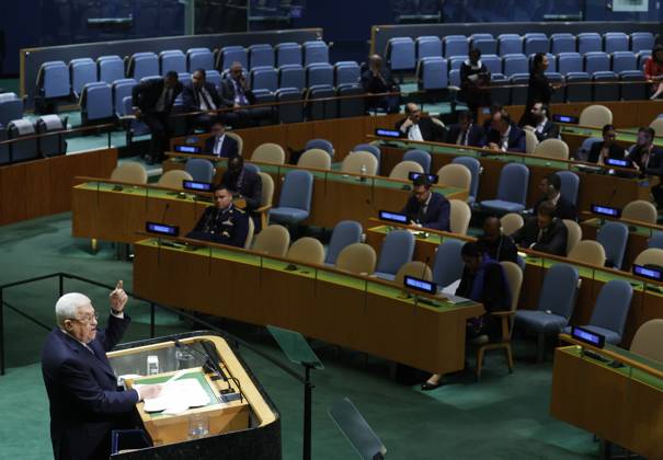 President State of Palestine Mahmoud Abbas speaks at the UN General Assembly 78th session General Debate in UN General Assembly Hall at the United Nations Headquarters on Thursday, September 21, 2023 in New York City.  NYP20230921129 JOHNxANGELILLO