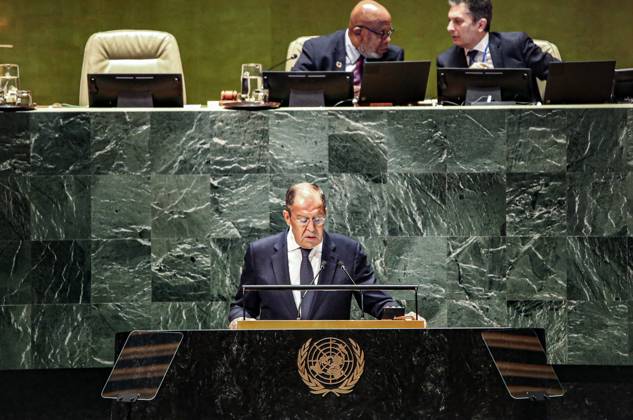 Bilder des Jahres 2023, News 09 September September 23, 2023, New York, New York, USA: SERGEY V. LAVROV, Minister for Foreign Affairs of the Russian Federation speaks at the 2023 78th UN General Assembly. His speech was filled with western geared criticism towards the West, by claiming, :The U.S. and its subordinate Western collective are continuing to fuel conflicts which artificially divide humanityÃ¢â‚¬Â while barely mentioning Ukraine. New York USA - ZUMAo116 20230923_znp_o116_016 Copyright: xBiancaxOterox