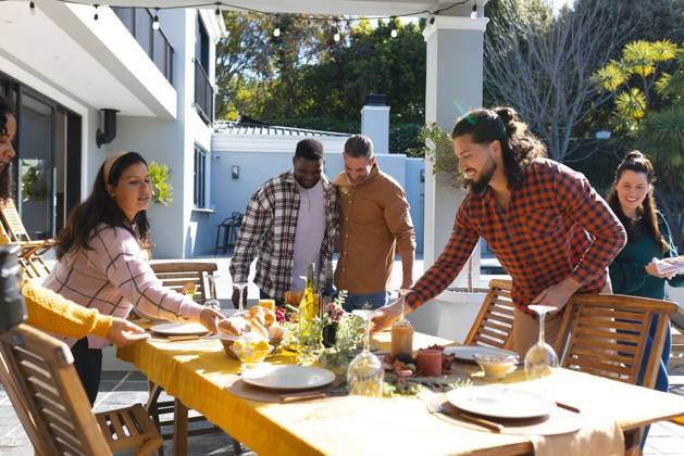 Happy diverse male and female friends serving thanksgiving celebration meal in sunny garden Happy diverse male and female friends serving thanksgiving celebration meal in sunny garden. Celebration, friendship, patriotism, american culture and tradition, unaltered., model released, , property released, Cape Town, South Africa, 07.09.2023, 4193320.jpg, people,happy,diverse,male and female,friend,serving,thanksgiving,celebration,meal,sunny,garden,friendship,patriotism,american culture,tradition,unaltered,holiday,patriotic,dinner,fun,nation,young,lunch,happiness,together,beautiful,spring,summer,party,food,traditional,season,christmas,cheerful,decoration,flag,male,female,american,culture Mid Adult,Man,Male,Black,Woman,Female,Multiracial,White,M