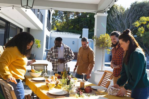 Happy diverse male and female friends serving thanksgiving celebration meal in sunny garden Happy diverse male and female friends serving thanksgiving celebration meal in sunny garden. Celebration, friendship, patriotism, american culture and tradition, unaltered., model released, , property released, Cape Town, South Africa, 07.09.2023, 4193321.jpg, people,happy,diverse,male and female,friend,serving,thanksgiving,celebration,meal,sunny,garden,friendship,patriotism,american culture,tradition,unaltered,holiday,patriotic,dinner,fun,nation,young,lunch,happiness,together,beautiful,spring,summer,party,food,traditional,season,christmas,cheerful,decoration,flag,male,female,american,culture Mid Adult,Man,Male,Black,Woman,Female,Multiracial,White,M