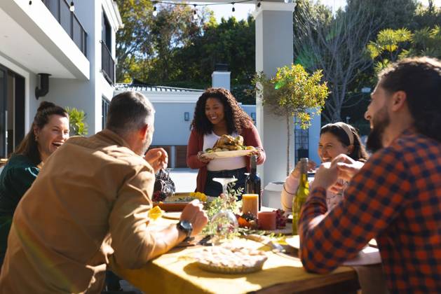 Happy diverse male and female friends serving thanksgiving celebration meal in sunny garden Happy diverse male and female friends serving thanksgiving celebration meal in sunny garden. Celebration, friendship, patriotism, american culture and tradition, unaltered., model released, , property released, Cape Town, South Africa, 07.09.2023, 4193332.jpg, people,happy,diverse,male and female,friend,serving,thanksgiving,celebration,meal,sunny,garden,friendship,patriotism,american culture,tradition,unaltered,holiday,patriotic,dinner,fun,nation,young,lunch,happiness,together,beautiful,spring,summer,party,food,traditional,season,christmas,cheerful,decoration,flag,male,female,american,culture Mid Adult,Man,Male,Black,Woman,Female,Multiracial,White,M