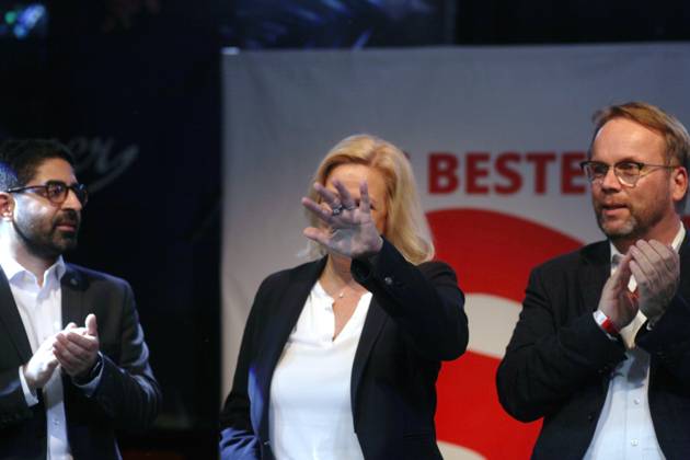 Wiesbaden, Hessen, Deutschland, 08.10.2023: Landtagswahl in Hessen: Kaweh Mansoori (links), Nancy Faeser (mitte), Timon Gremmels (rechts) auf der SPD-Wahlparty Copyright: xdtsxNachrichtenagenturx dts_23628