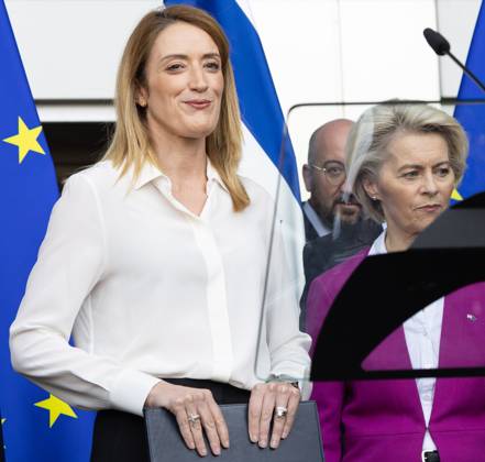European Parliament chairwoman Roberta Metsola, European Council President Charles Michel and European Commission President Ursula Von der Leyen pictured during a tribute to the victims of the Hamas-organized attacks in Israel, organized by European Parliament president Metsola, Wednesday 11 October 2023 at the European parliament in Brussels. Saturday 7 October Palestinian militant group Hamas launched an attack on Israel killing at least 1000. Israel launched airstrikes in response, at least 750 Palestinians have been killed. BENOITxDOPPAGNE 77290902