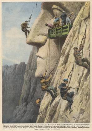 RECORD DATE NOT STATED MOUNT RUSHMORE CARVED UP Supervised by Gutzon Borglum, Mount Rushmore, in the Black Hills of South Dakota, is carved with the faces of Washington, Jefferson, Lincoln and T Roosevelt, 1927 - 1941. Date: 1931  Copyright: Gemini Picture No. 10141212
