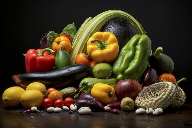 A captivating arrangement of fresh fruits and vegetables on a rustic textured background. Rustic Fruits and Vegetables Composition Copyright: xFilippoxCarlotx COMM (13511)