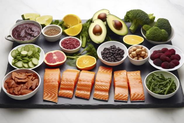 A diverse composition of nutritious food items elegantly presented in a balanced arrangement. Vibrant Healthy Food Spread Copyright: xFilippoxCarlotx COMM (13860)