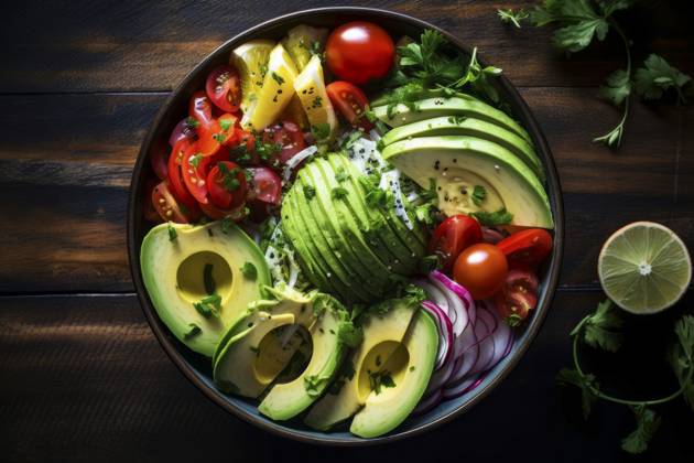 Top view of a fresh and colorful salad bowl, highlighting a mix of wholesome ingredients. Vibrant Healthy Salad Bowl Copyright: xFilippoxCarlotx COMM (13923)