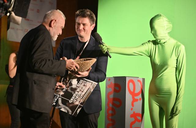 Closing ceremony of the 27th International Documentary Film Festival Ji.hlava, was held in Jihlava, Czech Republic, on October 23, 2023. The award for contribution to world cinema was presented to Hungarian director Bela Tarr (left) by festival president Marek Hovorka (centre). (CTKxPhoto LubosxPavlicek) CTKPhotoP2023102806362  CTKPhotoP2023102806362